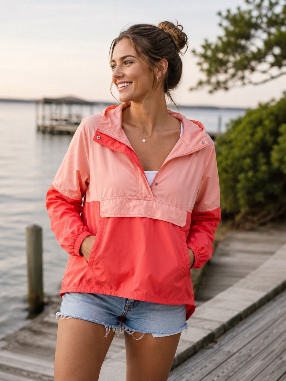 Lauren James Coral Reef Colorblock Anorak Windbreaker Jacket Pink Size Large